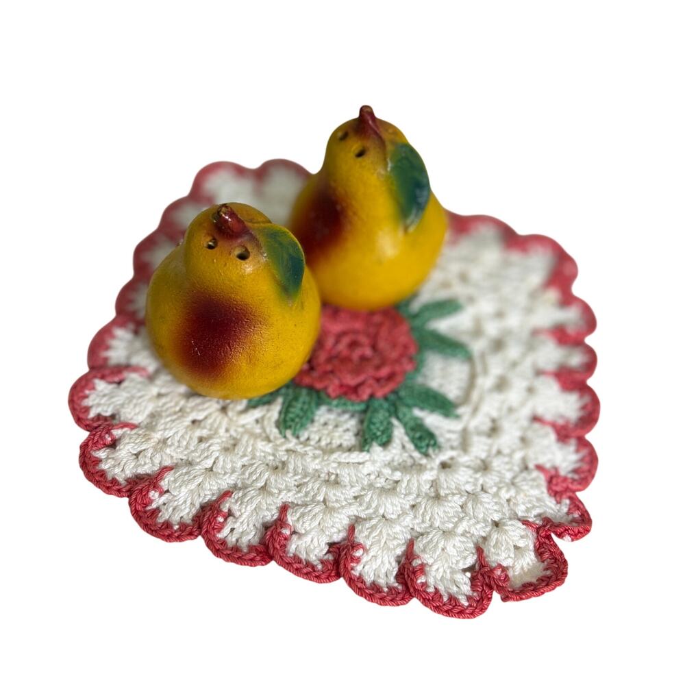 VTG Chalkware Pear Salt & Pepper Shakers, Original Corks + Crocheted Hot Pad Set